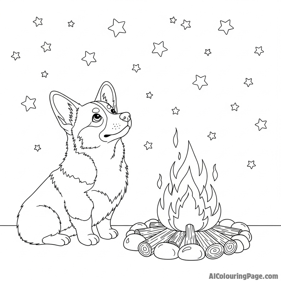 A corgi at a campfire, looking up at a sky full of stars.