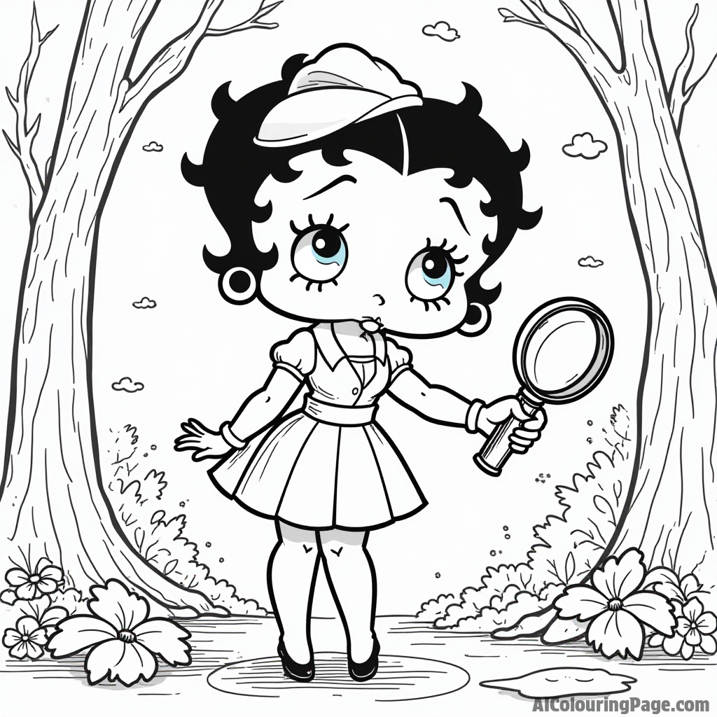 Betty Boop as a detective with a magnifying glass searching for clues in a mysterious and fun environment