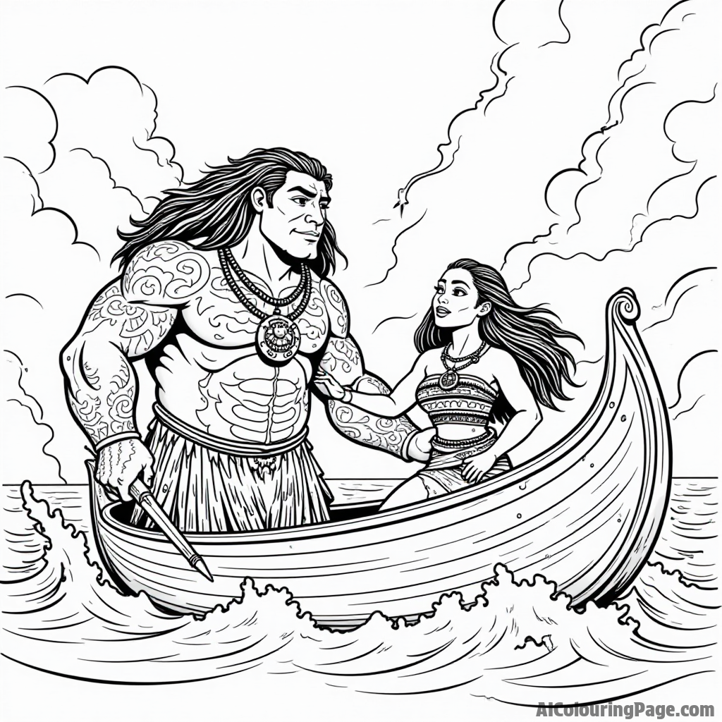 Maui creating a storm with his magical powers while Moana bravely stands on her canoe, ready to navigate.