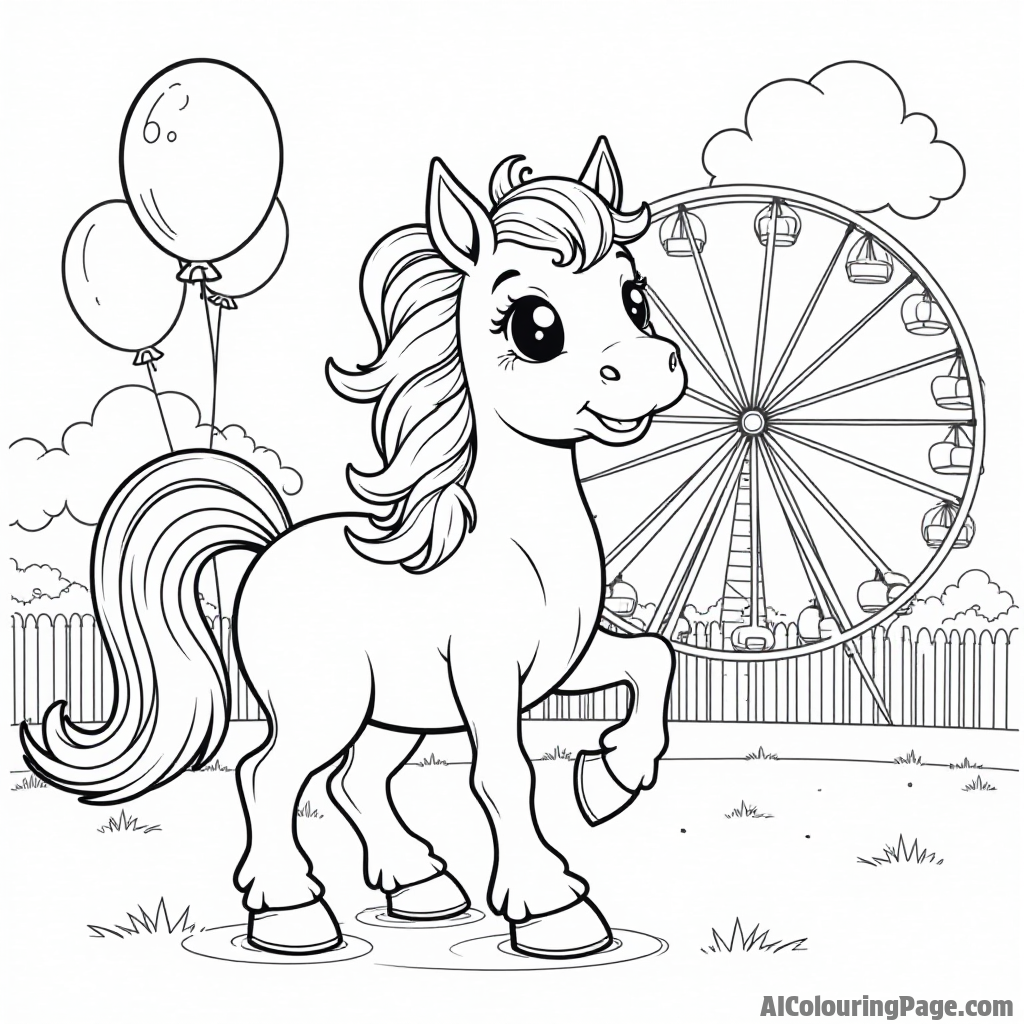 A pony having fun at a carnival with balloons, cotton candy, and a Ferris wheel in the background.