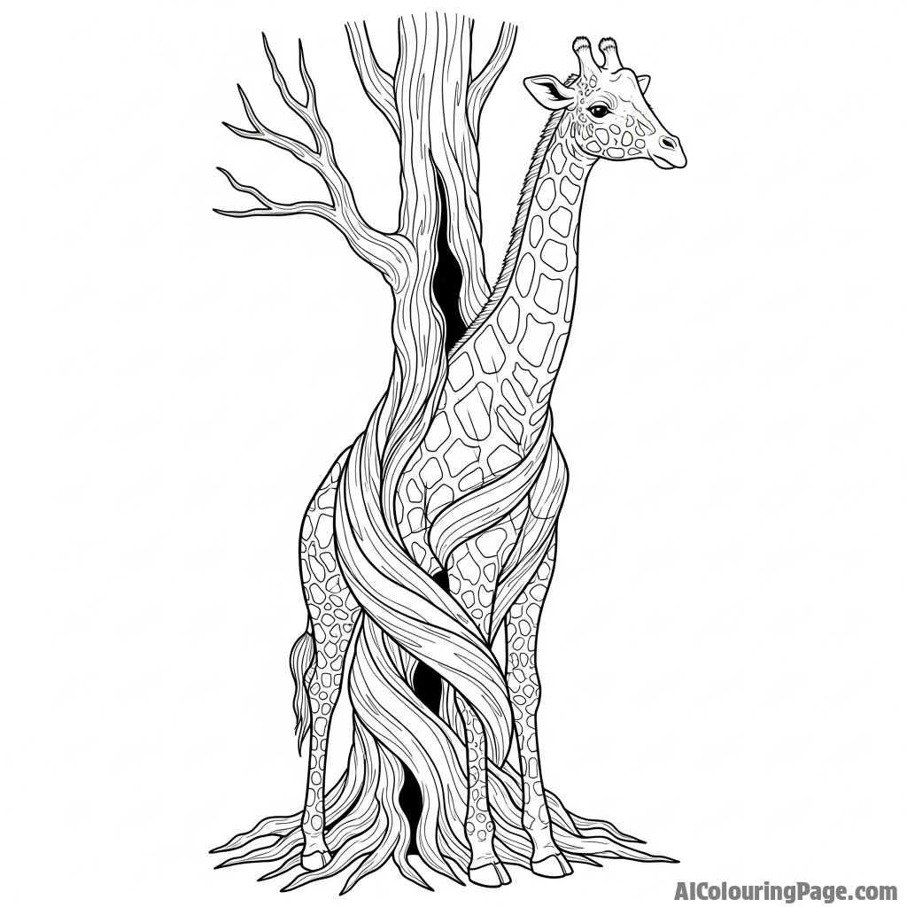 The shape of a giraffe slowly emerging from the gnarled bark of an ancient tree.