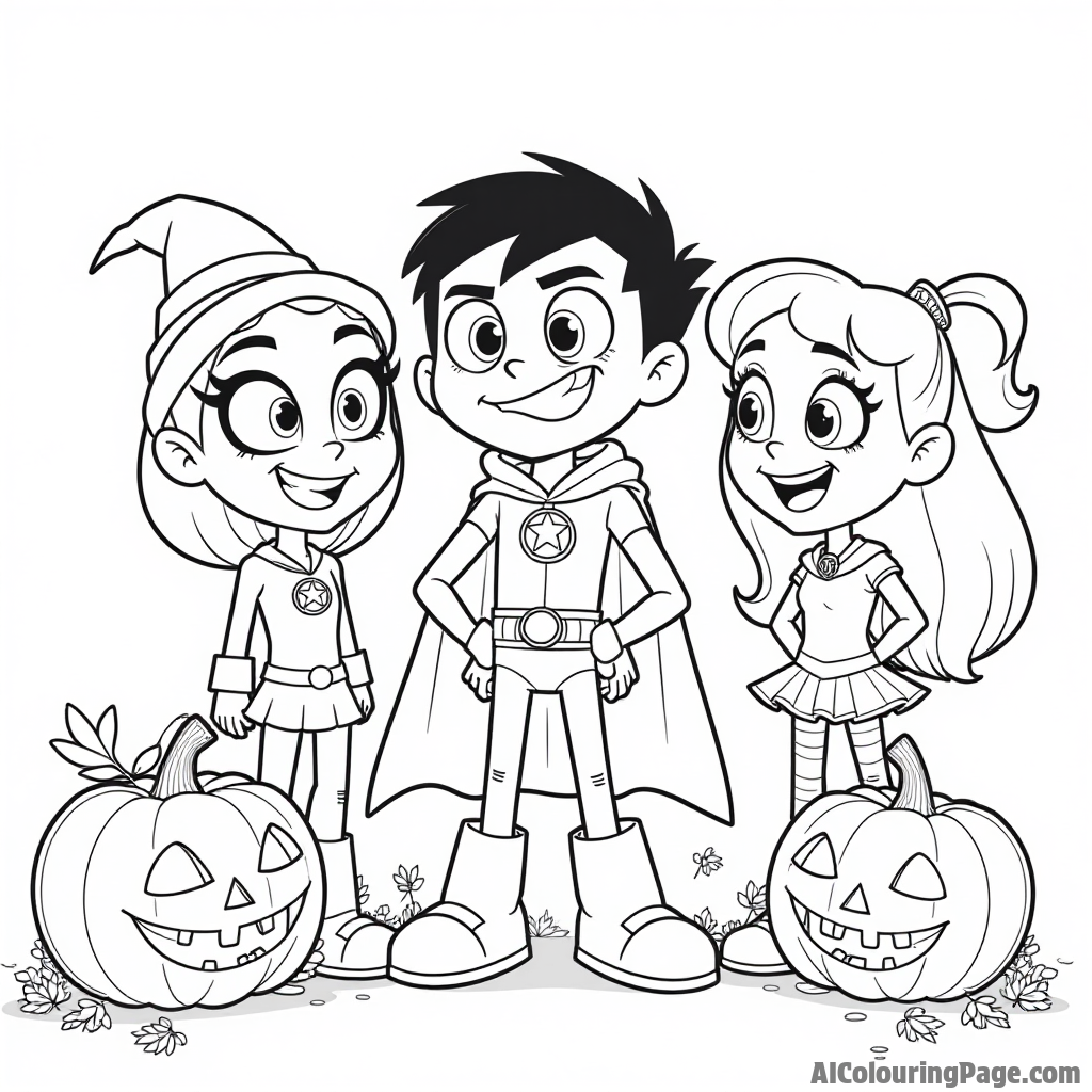 Teen Titans dressed in funny costumes for Halloween, surrounded by carved pumpkins, with playful expressions and spooky decorations around.