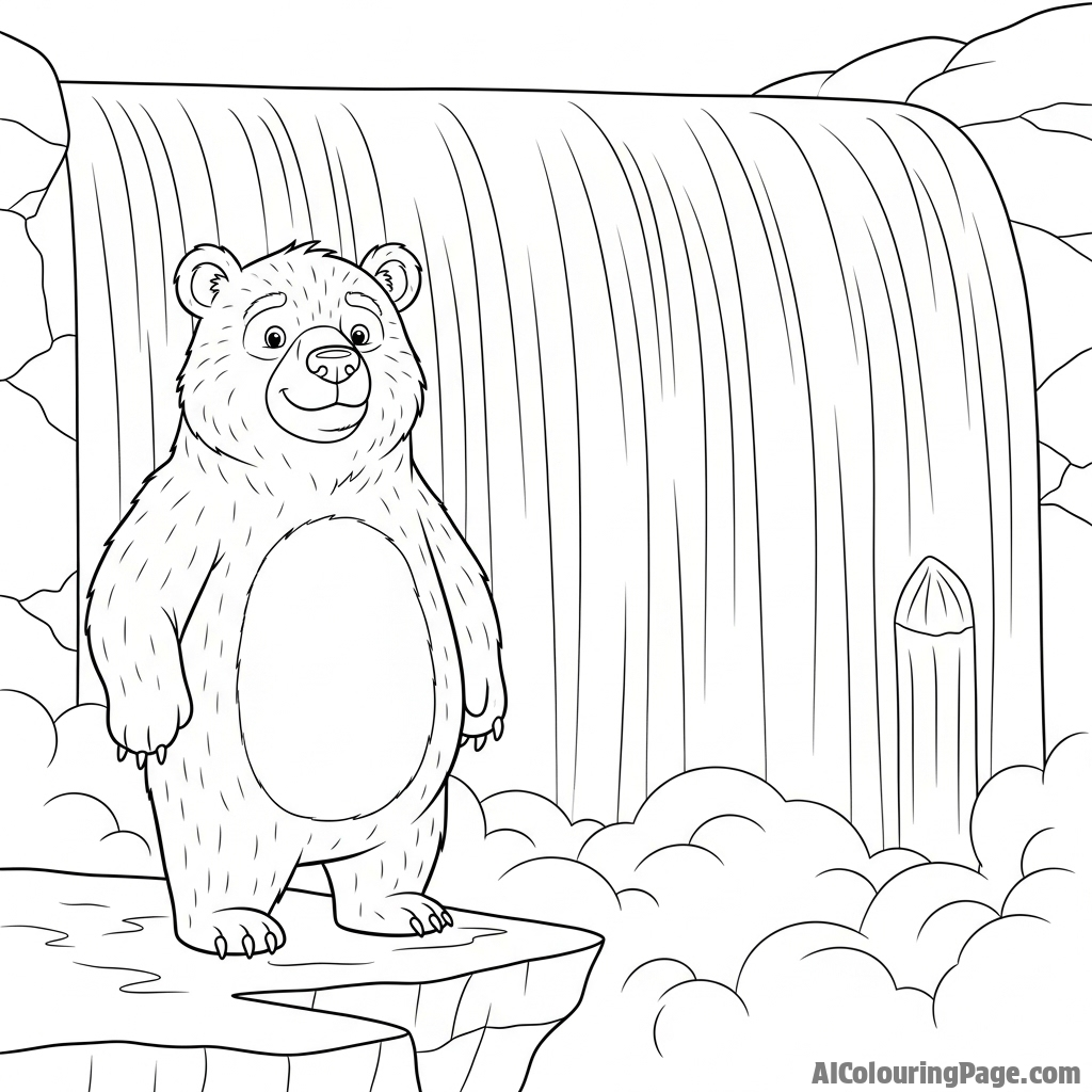 A bear standing at the edge of a waterfall, mist rising around it.