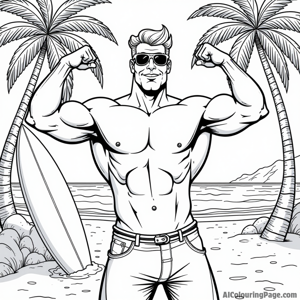 Johnny Bravo flexing muscles in a beach scene with palm trees and a surfboard nearby