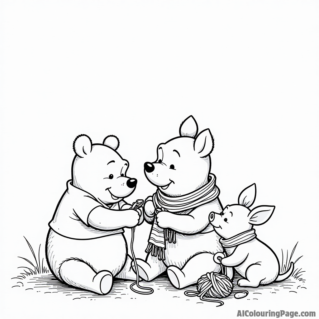 Kanga knitting a colorful scarf, with Roo helping her, while Pooh and Piglet admire the beautiful yarn nearby.