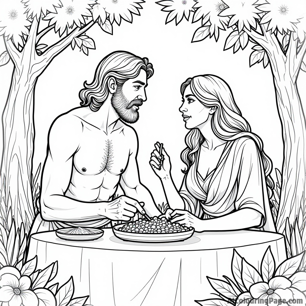 Adam and Eve sharing a meal together in the Garden