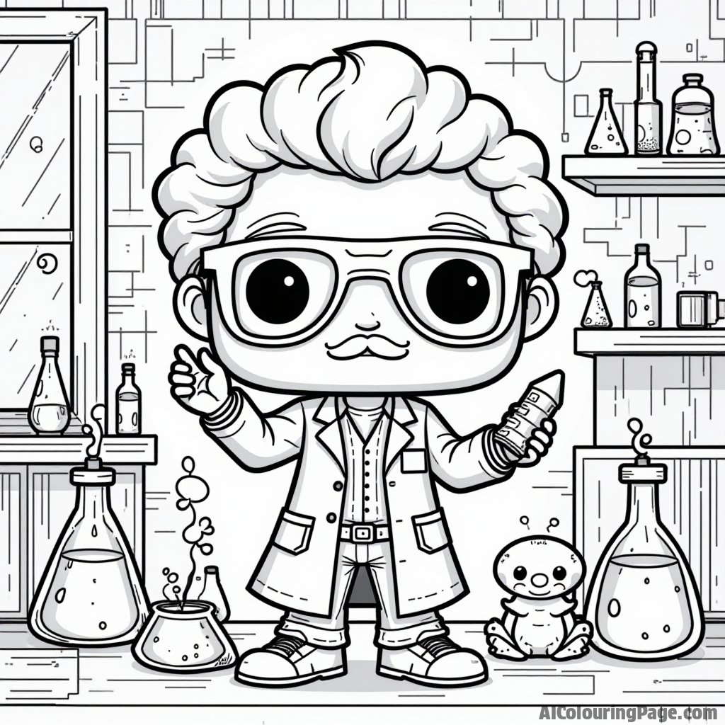 A Funko Pop character dressed as a scientist experimenting with colorful liquids, standing in a lab filled with gadgets and creatures, creating an educational and fun coloring experience for kids.