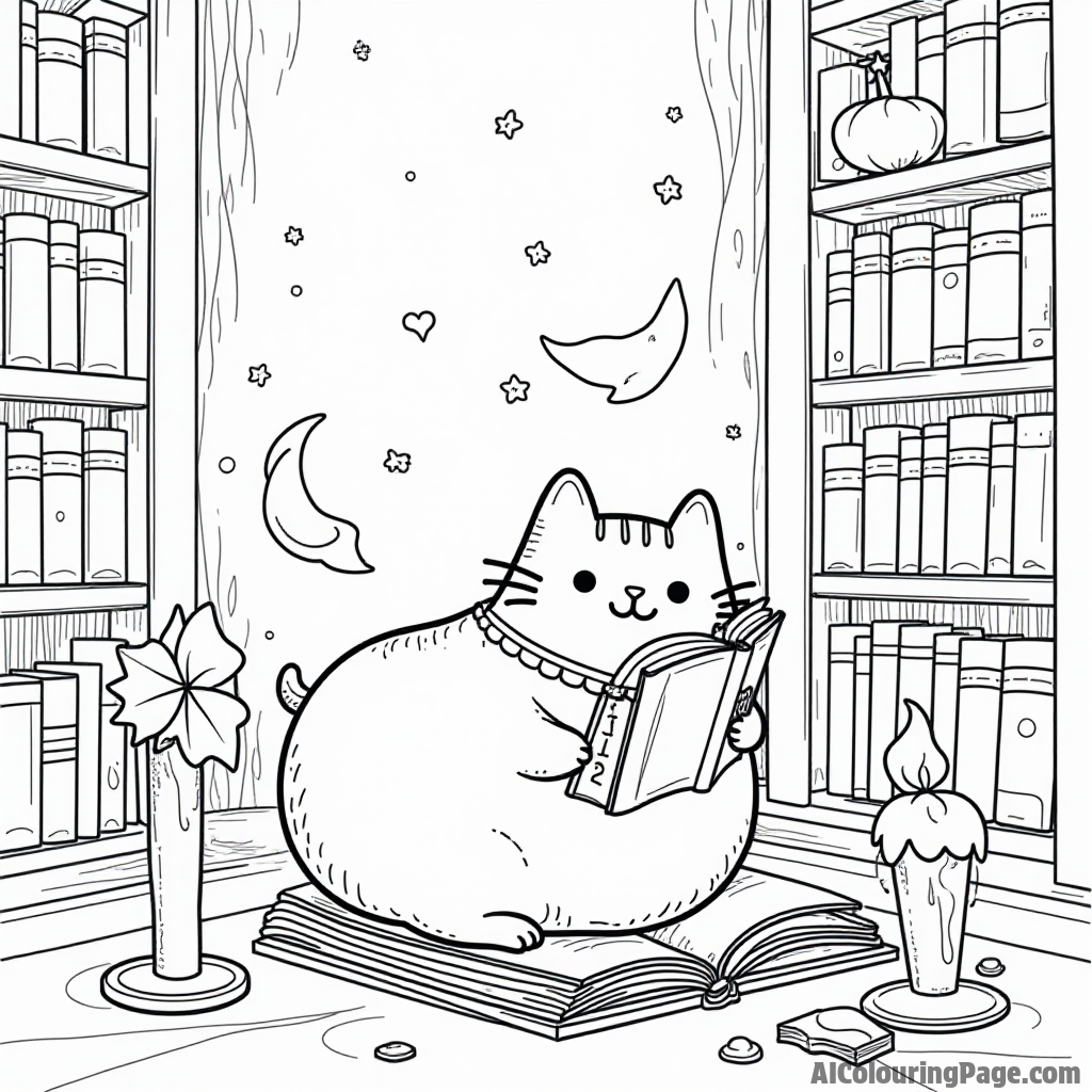 Pusheen in a magical library reading a giant book with floating candles and enchanted objects surrounding it