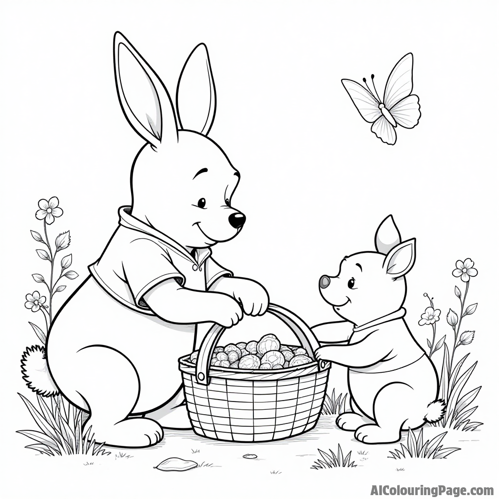 Rabbit preparing a picnic basket, with Pooh and Piglet eagerly waiting, surrounded by flowers and butterflies fluttering around.