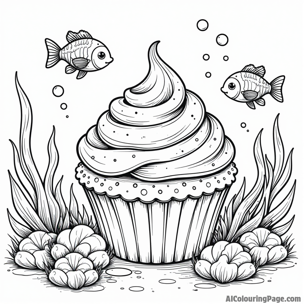 An underwater cupcake scene with fish swimming around a giant cupcake coral, colorful seaweed, and bubbles rising up.