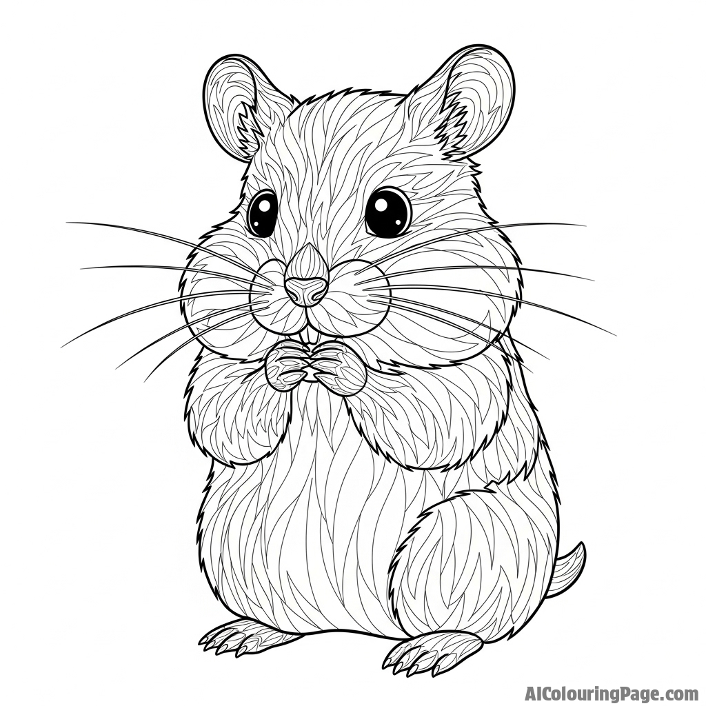 An intricate line art drawing of a hamster, suitable for a coloring page