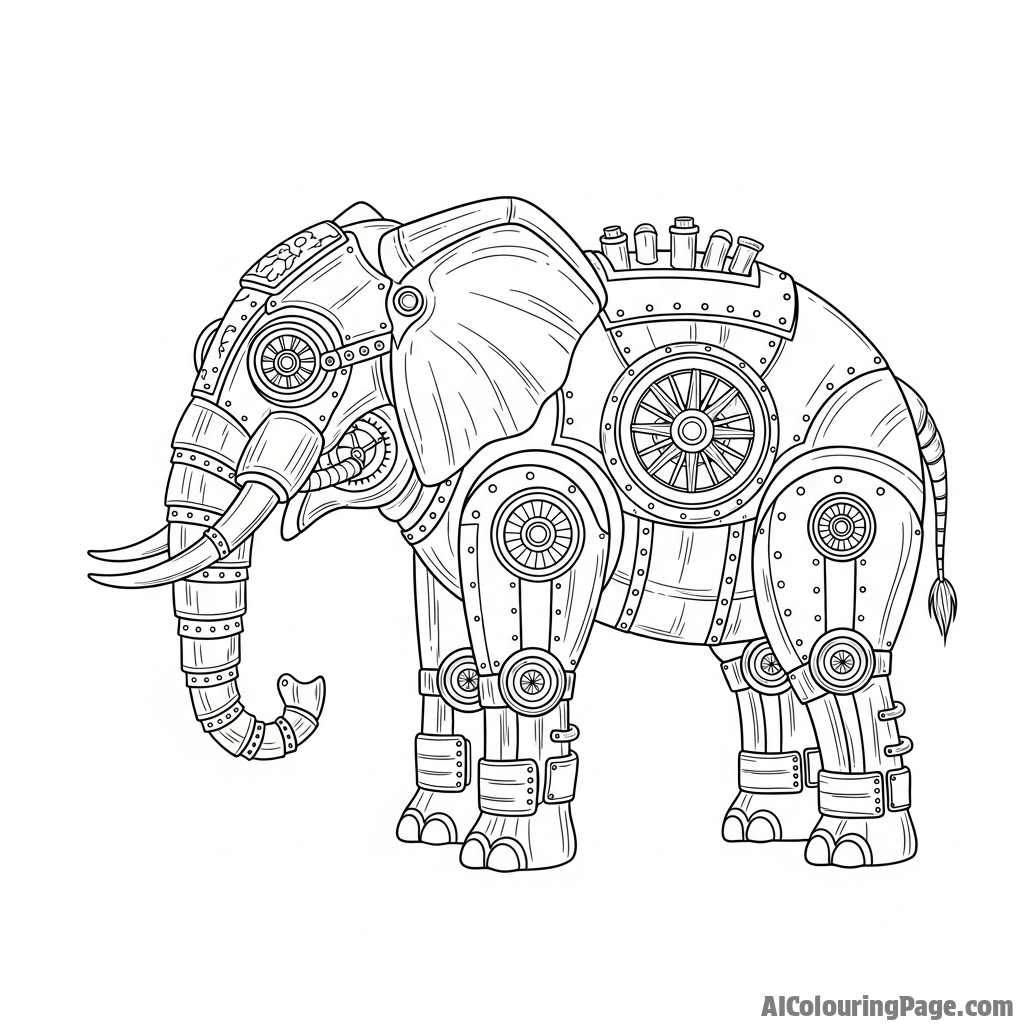 A steampunk elephant crafted from gears, brass, and steam pipes.