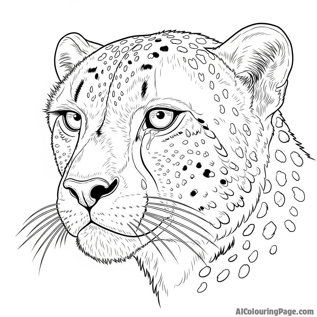 A close-up of a cheetah's face, its intense gaze fixed on a distant point.