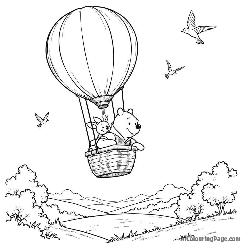 Pooh and Piglet flying in a hot air balloon, with a beautiful landscape below and birds soaring in the sky.