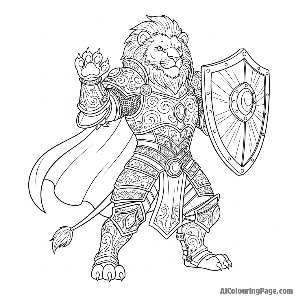 An armored lion in ornate plate mail, poised for a mythical battle.