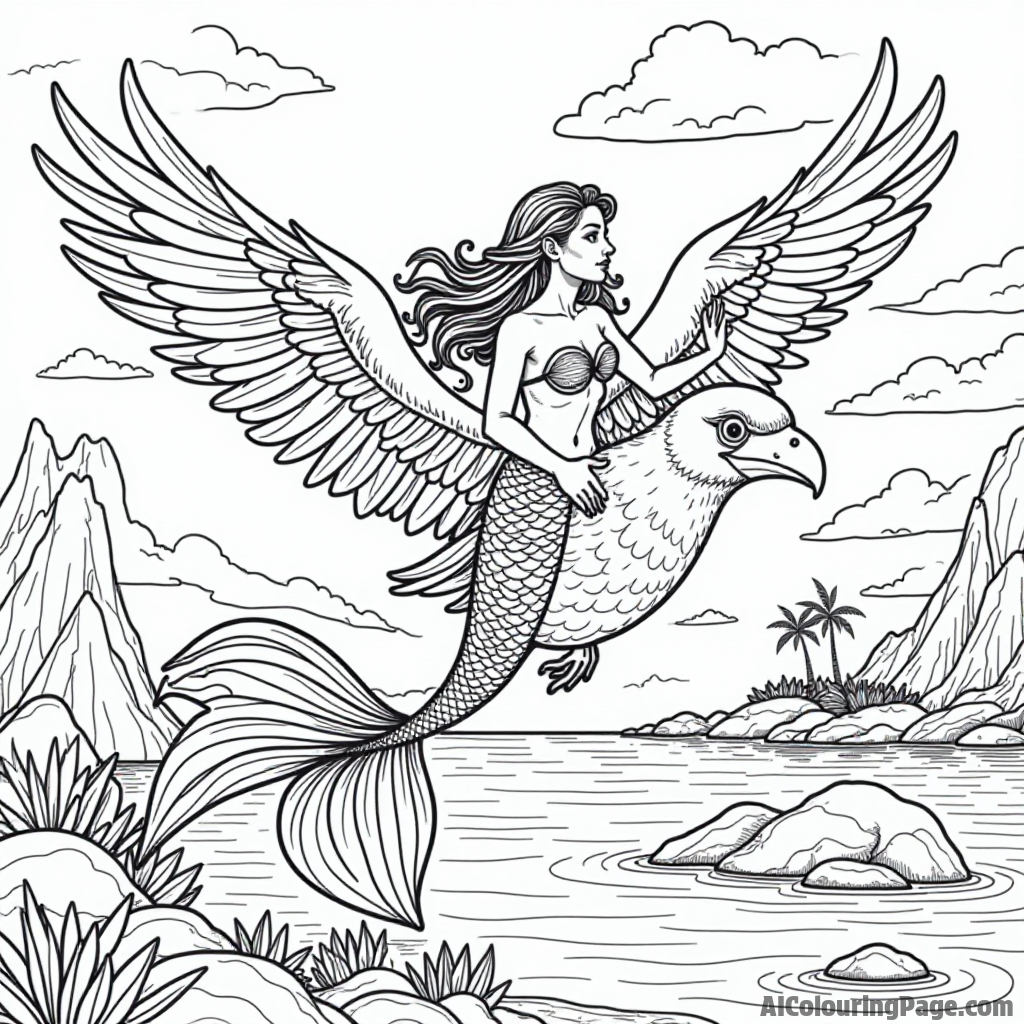 A mermaid flying on a giant sea bird, exploring distant islands with a treasure map in her hand.