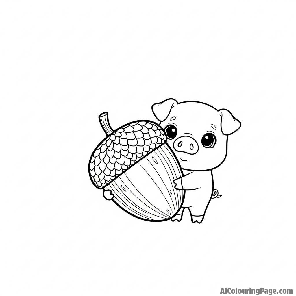 An adorable chibi-style piglet holding a giant acorn.
