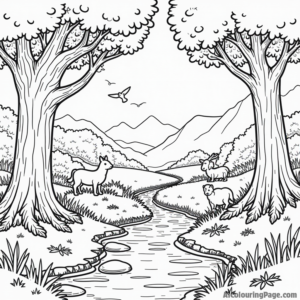 A magical forest with whimsical animals, towering trees, and a sparkling stream, perfect for kids to color and imagine adventures.