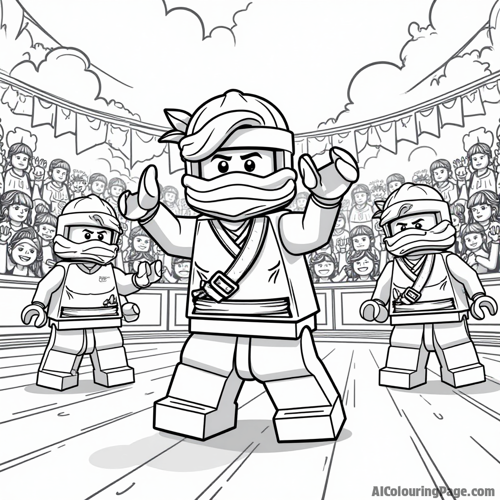 A Lego Ninjago character participating in a friendly tournament, with spectators cheering and colorful banners, showcasing sportsmanship and teamwork for an exciting coloring book illustration for kids.