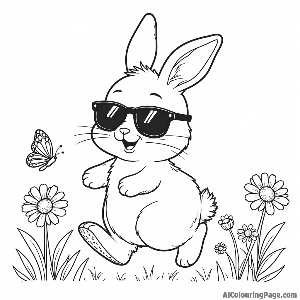 A cute rabbit wearing sunglasses hopping through a field of daisies with a colorful butterfly fluttering nearby.