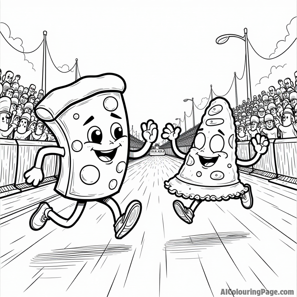 A pizza slice and a pasta character having a race, with a cheering crowd of ingredients, creating a fun competition scene.