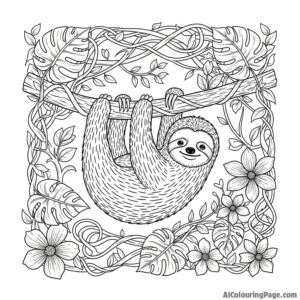 A woodcut-style illustration of a sloth in a dense, tangled jungle.