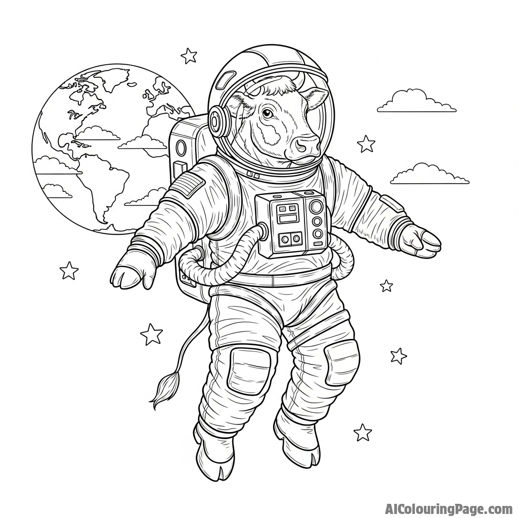 An astronaut cow in a detailed spacesuit, floating weightlessly against the backdrop of Earth.