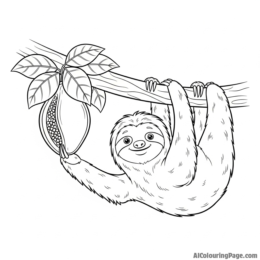 A sloth slowly reaching for a succulent piece of fruit, its long arm extended.