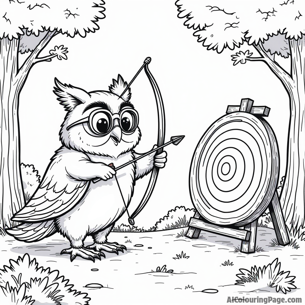 A wise owl wearing glasses, teaching a group of forest animals how to shoot arrows at a target, surrounded by trees and bushes, offering an educational twist to archery.