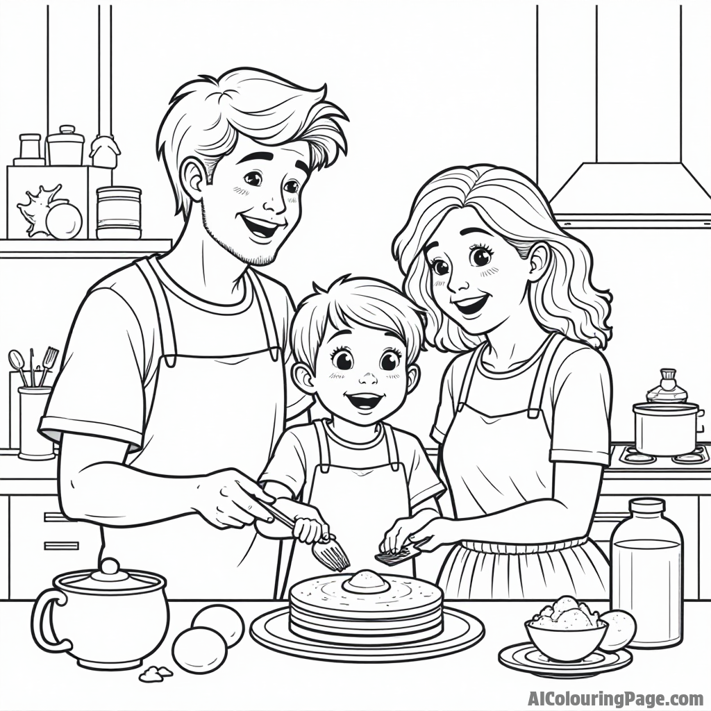 A happy family cooking pancakes together in a kitchen filled with flour, eggs, and fun cooking gadgets