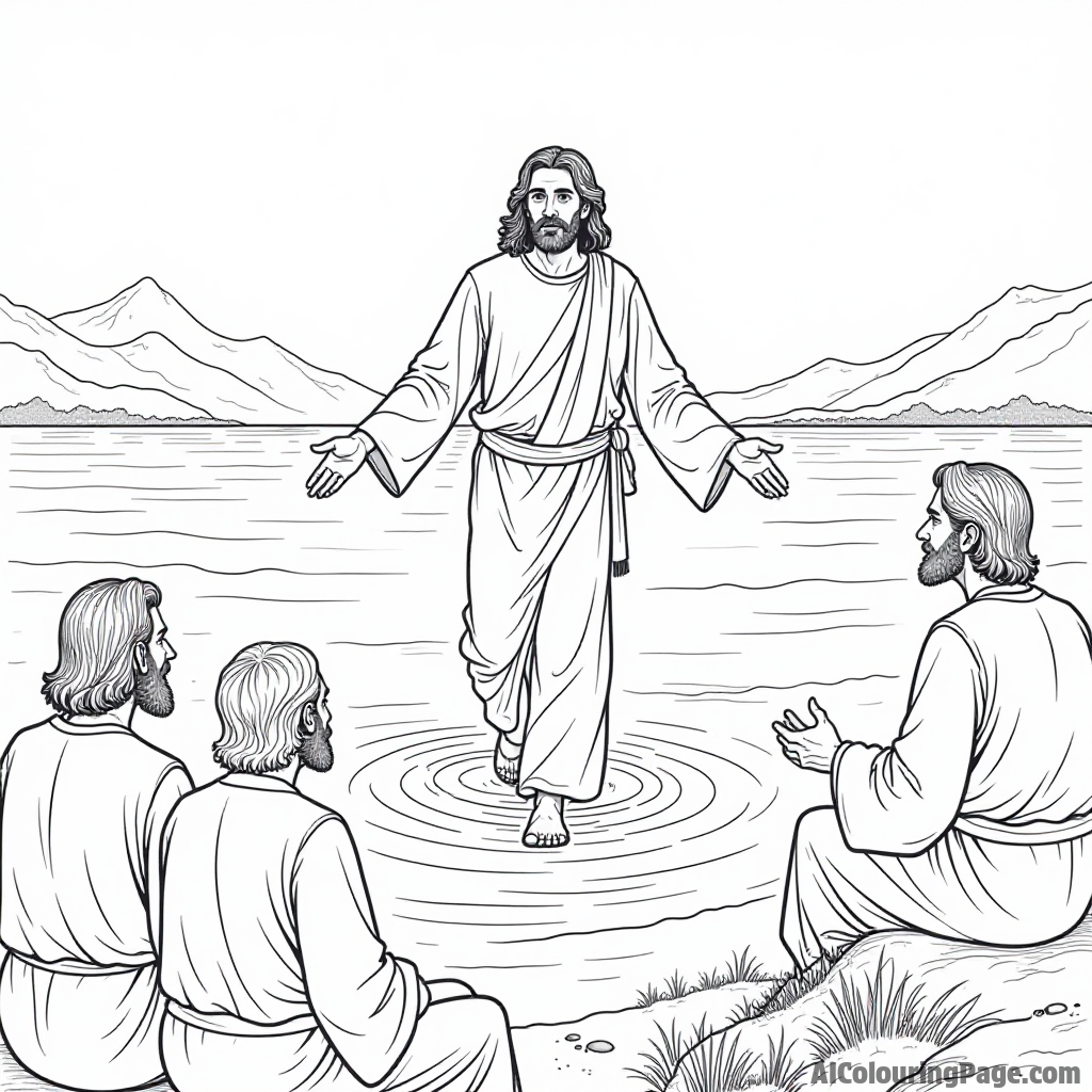 Jesus walking on water, disciples watching in amazement, gentle waves lapping at the shore, distant mountains visible