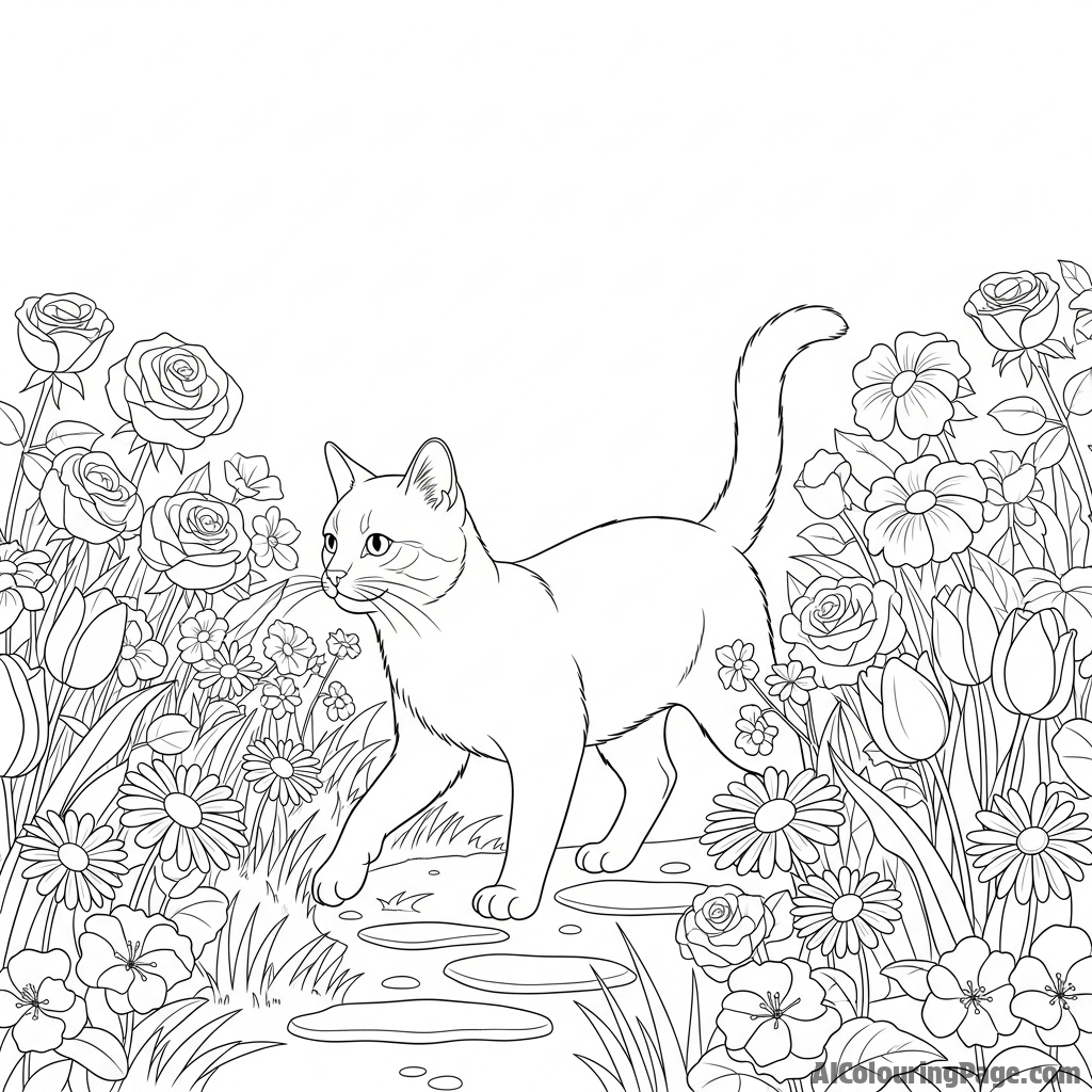 A cat carefully walking through a garden, avoiding the flowers.