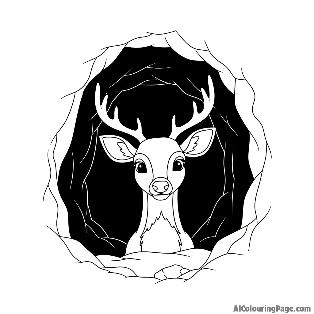 A deer looking out from the darkness of a cave opening.