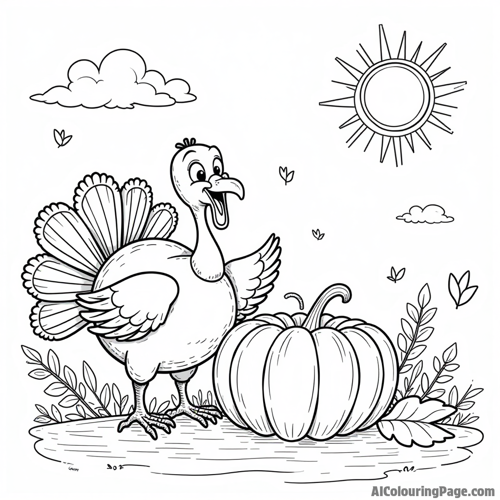 A friendly turkey and a pumpkin pie sharing a laugh together, surrounded by colorful leaves and a warm sunshine