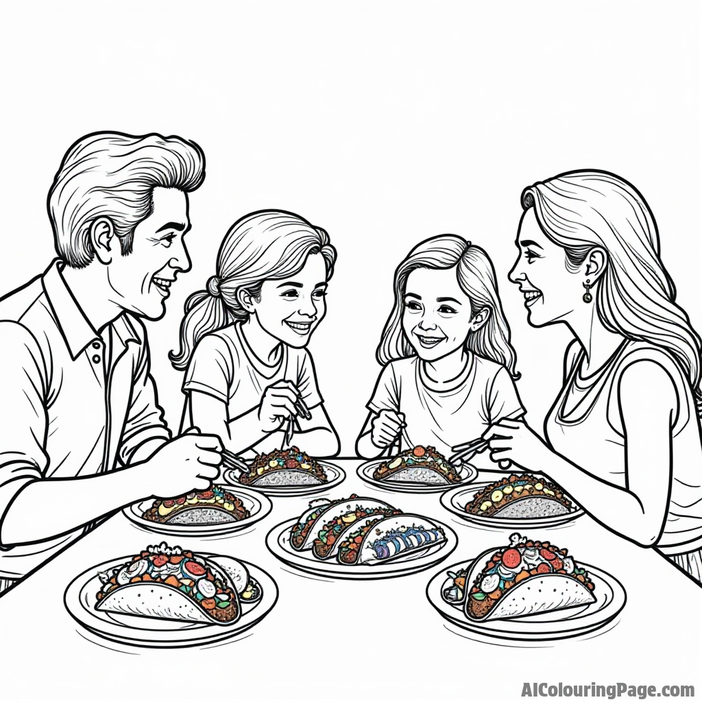 A taco family gathered around the dinner table, sharing stories and laughter, with colorful plates of different tacos.