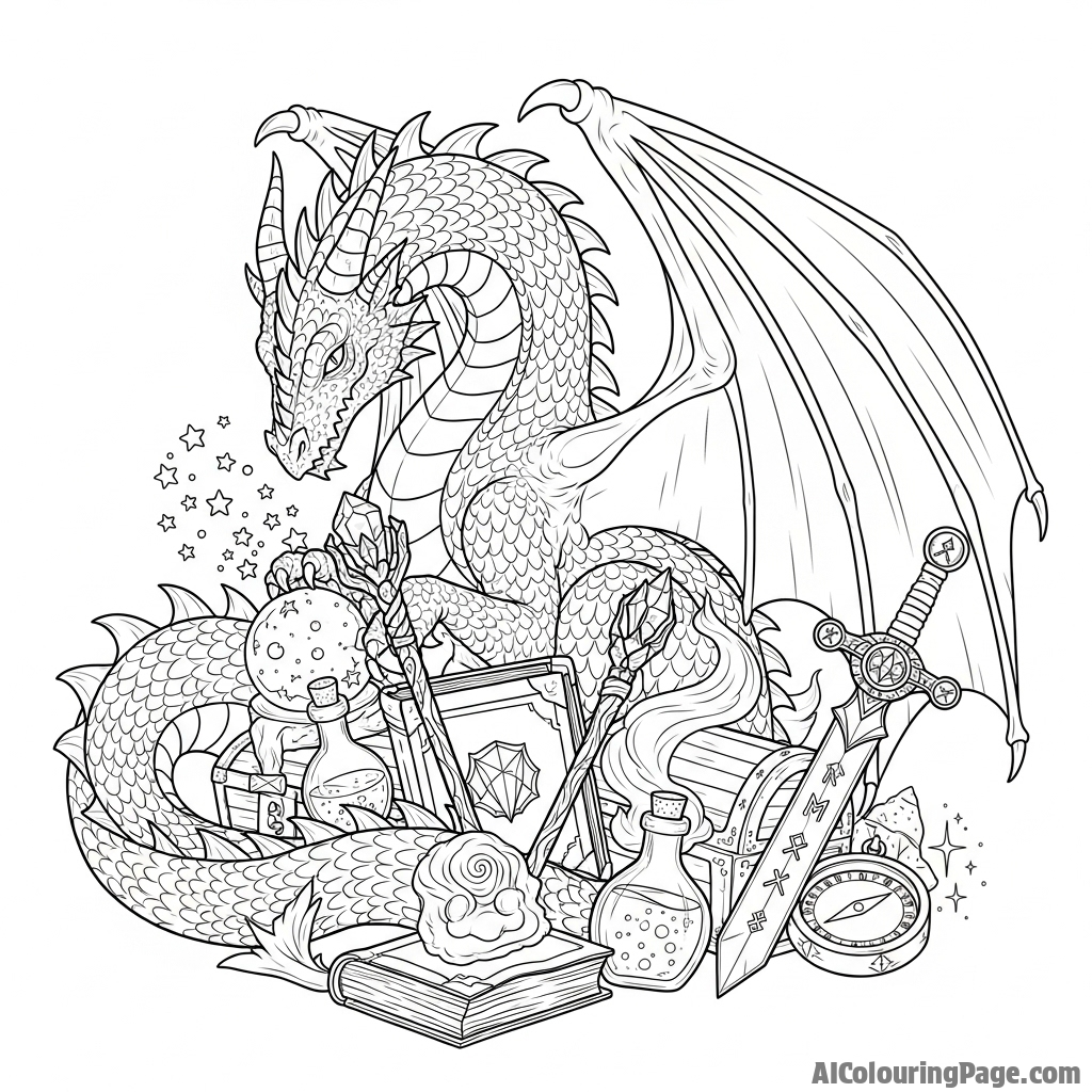 A dragon hoarding a treasure of shimmering, magical artifacts instead of precious metals.