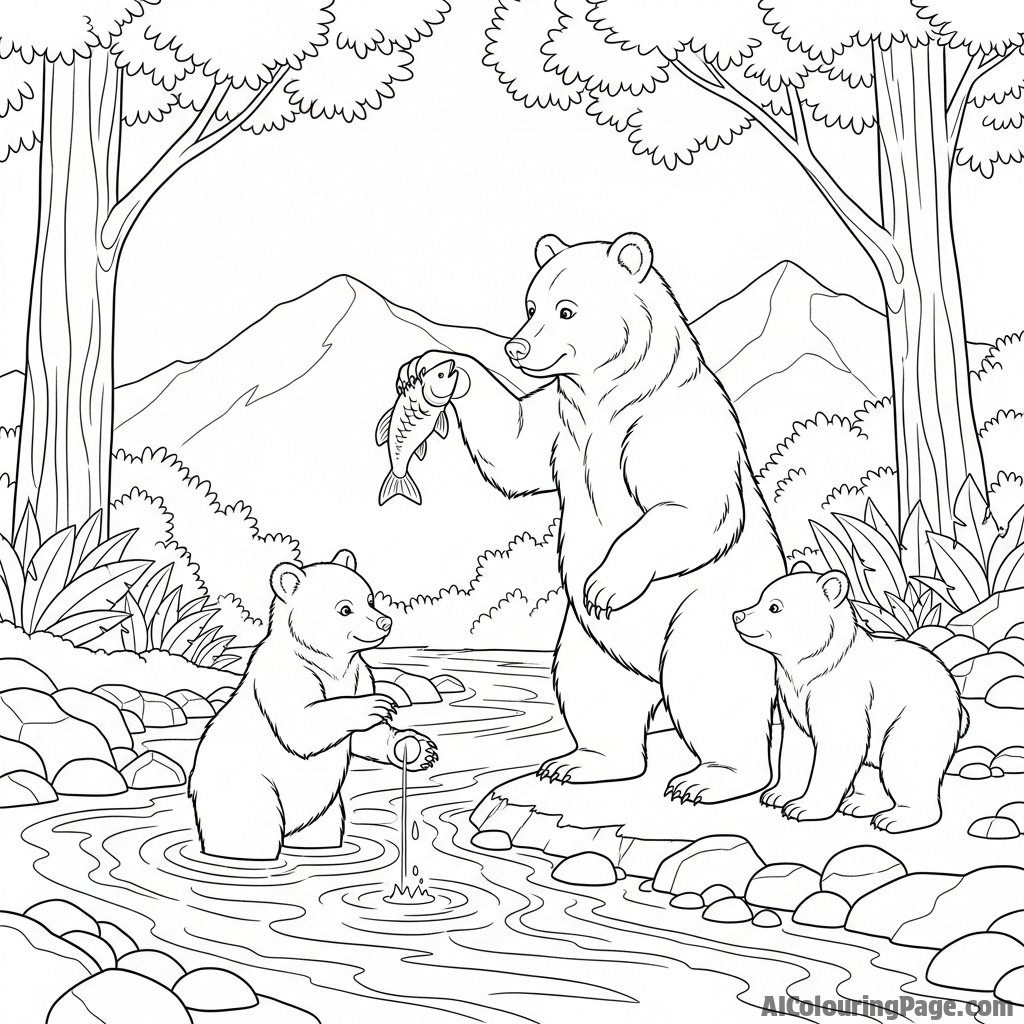 A mother bear teaching her cubs how to fish at the edge of a stream.
