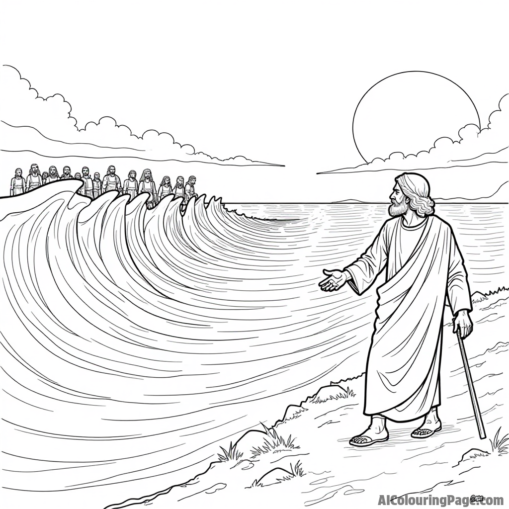 Moses parting the Red Sea, with waves on either side and the Israelites walking through, under a bright sky.