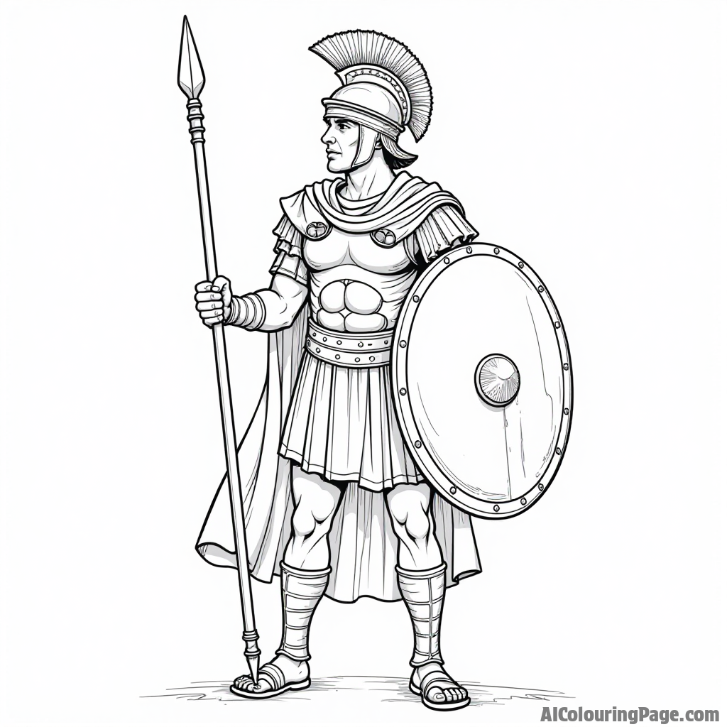 A Roman centurion with a shield and spear, standing tall in a defensive pose, symbolizing courage and leadership in ancient Rome, perfect for young coloring enthusiasts.