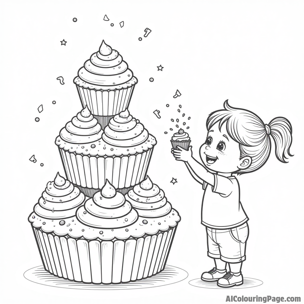 A cupcake tower with different flavors, sprinkles falling from above, and a happy child reaching for a cupcake.