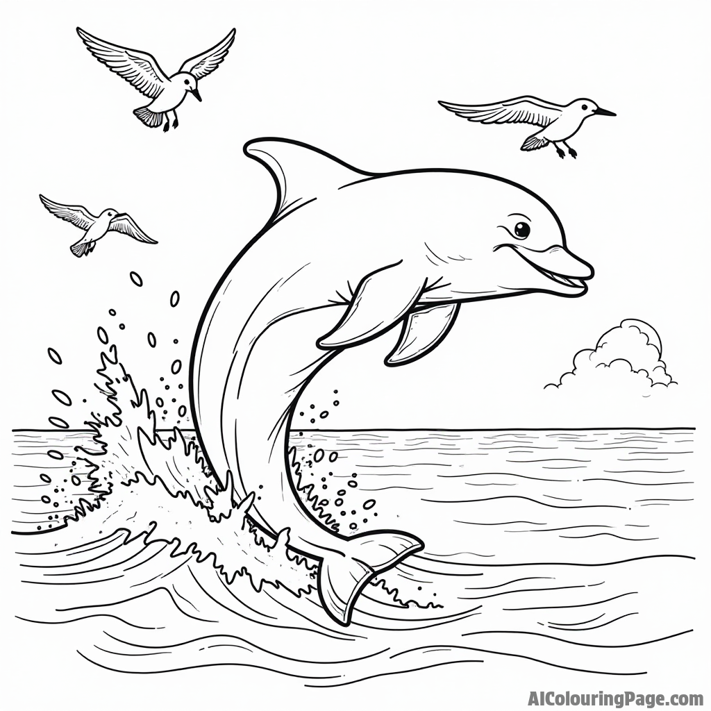 A playful dolphin jumping out of the ocean, surrounded by waves and seagulls, creating a joyful beach scene for coloring.