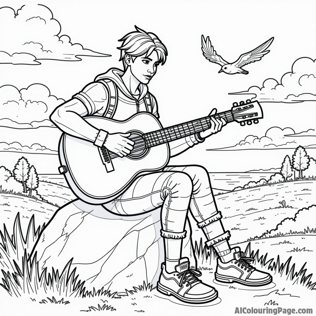 A Fortnite character playing the guitar sitting on a rock with a sunset and birds flying in the distance for kids to color