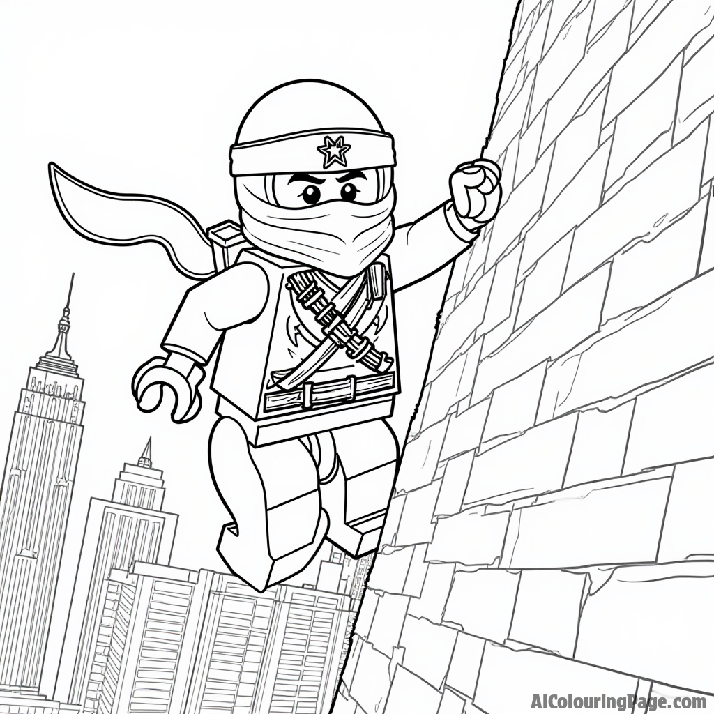 A Lego Ninjago character, dressed in a ninja outfit, stealthily climbing a tall building, with a city skyline in the background, ideal for a captivating black and white coloring page.