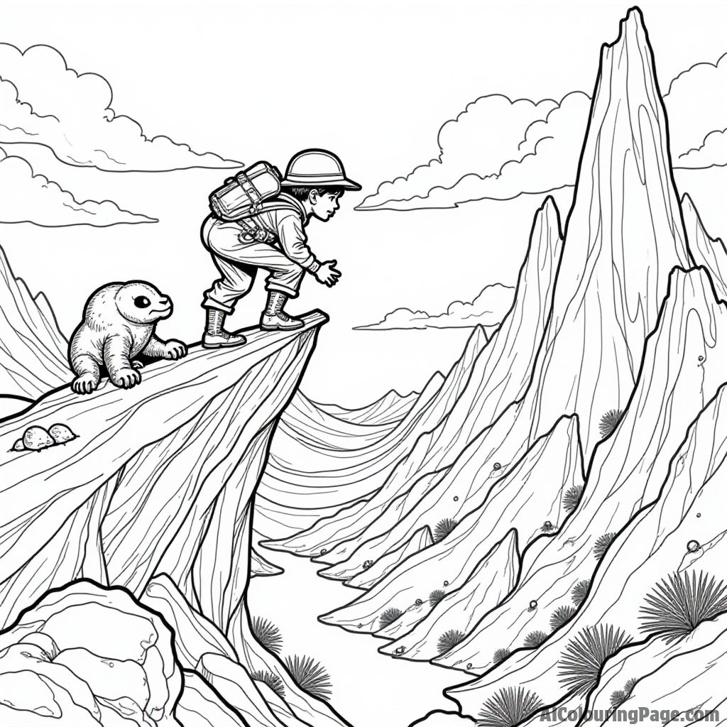 An adventurous character climbing a rocky cliff on an alien planet with unusual creatures peeking from behind rocks.