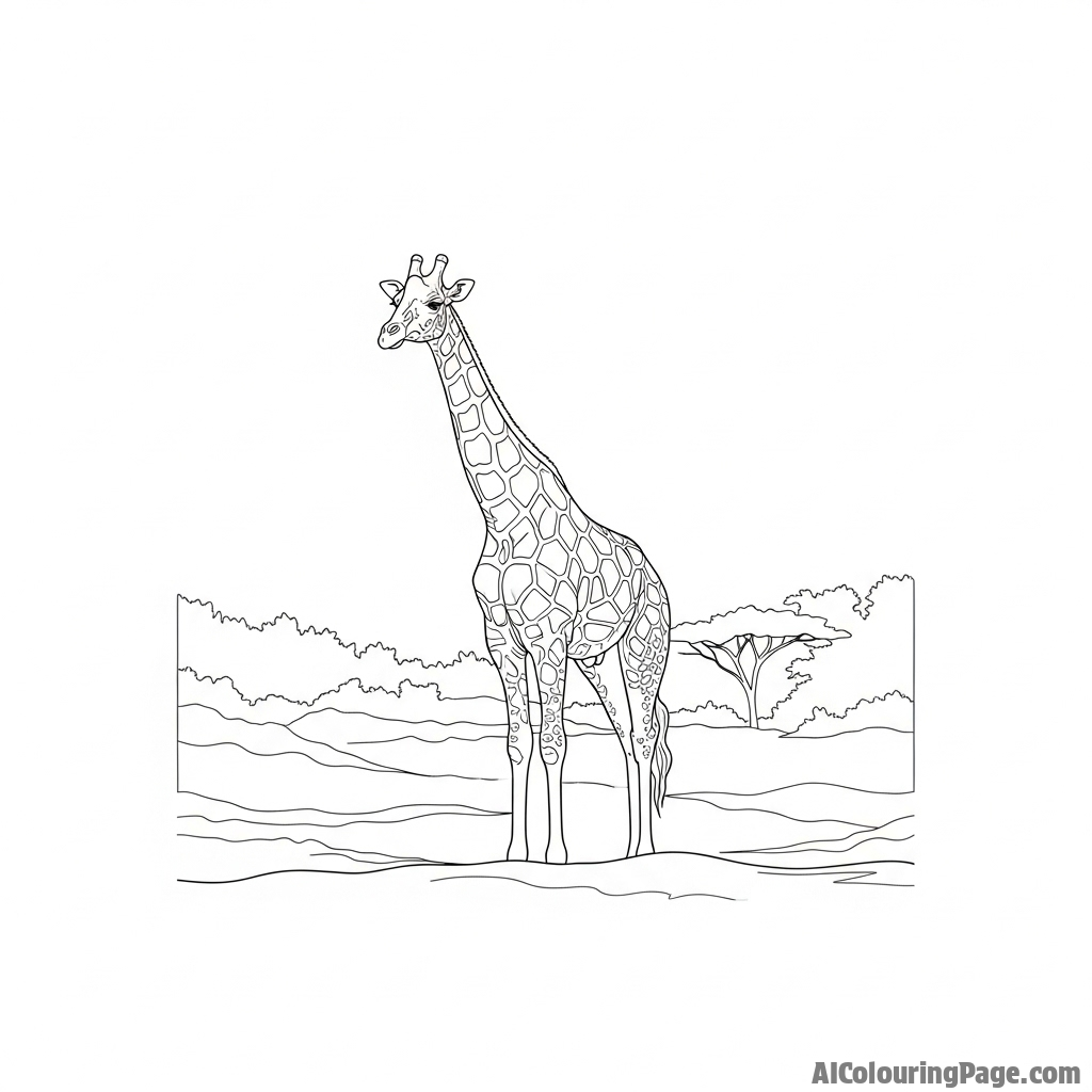 A solitary giraffe standing tall in a misty morning fog.