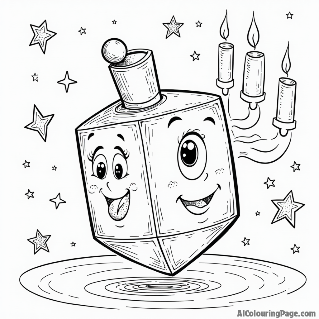 A whimsical dreidel with playful expressions, surrounded by stars and menorah candles, inviting children to color in a fun and engaging Hanukkah celebration scene.