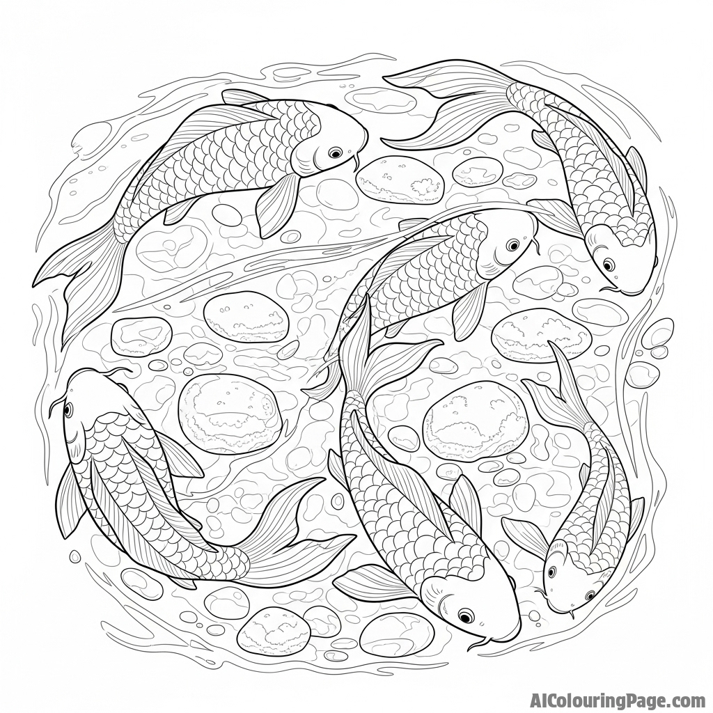 Koi fish gliding through a shallow, sunlit pond over smooth, mossy river stones.