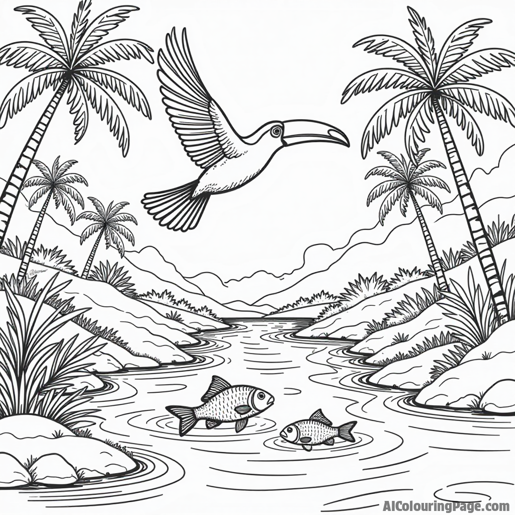 A toucan flying above a sparkling river with colorful fish jumping out, surrounded by palm trees and tropical scenery.