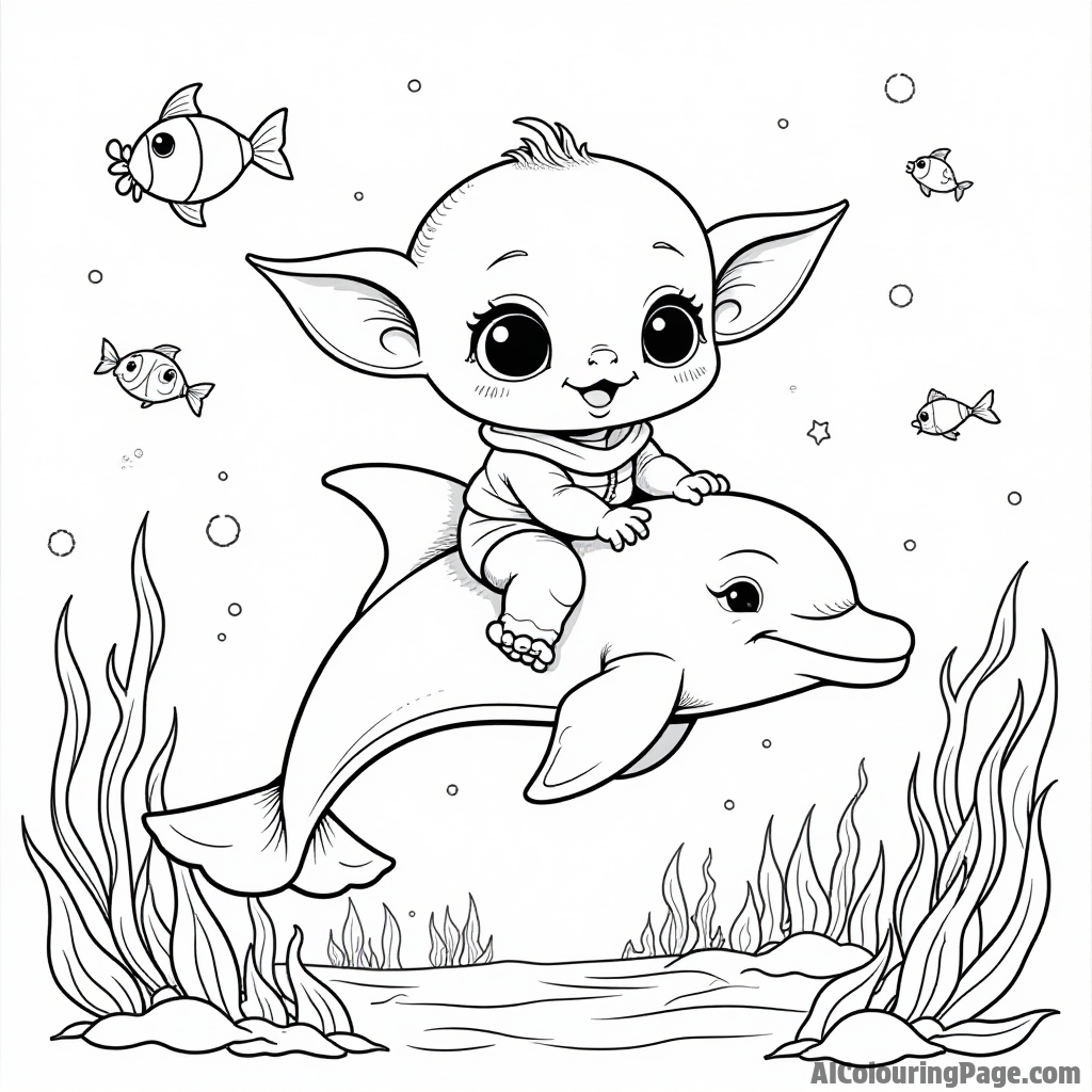 Baby Yoda riding a dolphin in an ocean filled with playful fish and seaweed