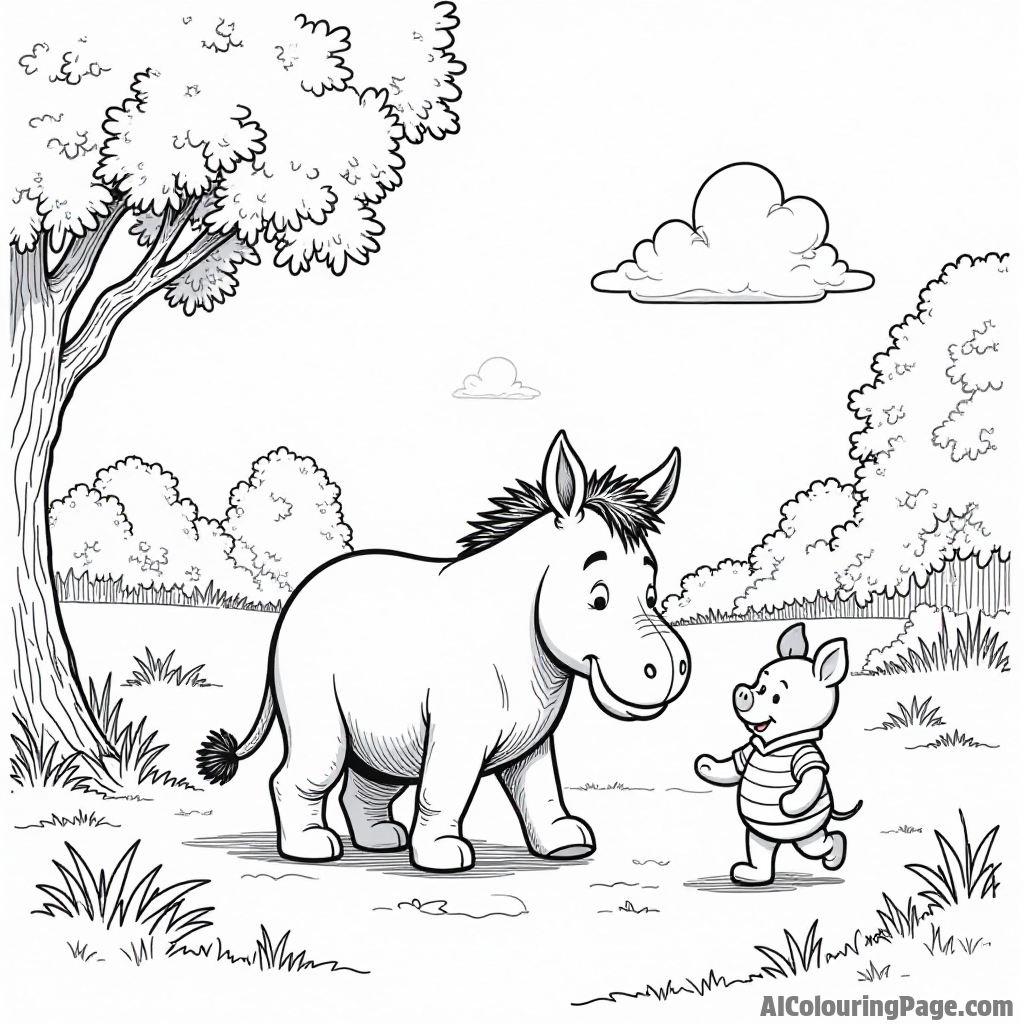 Eeyore taking a stroll in the park, with Pooh and Piglet walking alongside him, enjoying the fresh air.